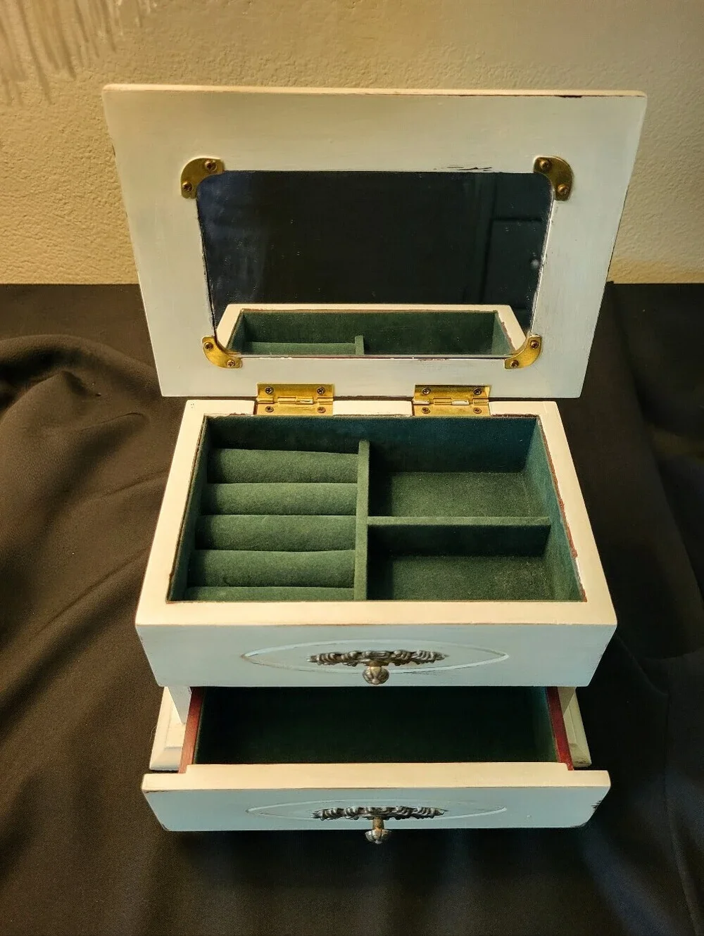 Shabby Chic Jewelry Box with Drawers & Mirror – Ivory Distressed Finish